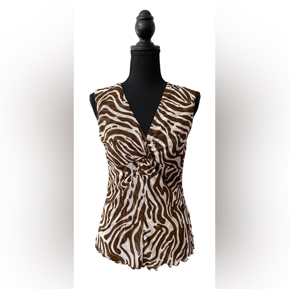 Willie Smith: Brown and White Zebra Print V Neck Top